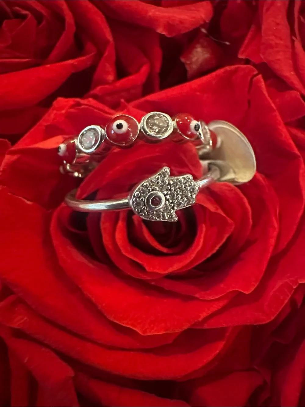 925 Sterling Silver Red Evil Eye & Hamsa Ring set